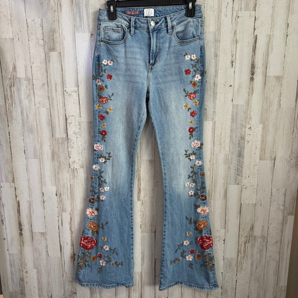 DW Denim - DW Fiona Flare Jeans Women 2 Light Wash Floral Embroidered Hippie Boho 25x31
